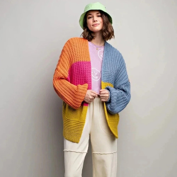New! Easel Colorblock Chunky Knit Sweater Cardigan M - Picture 2 of 6